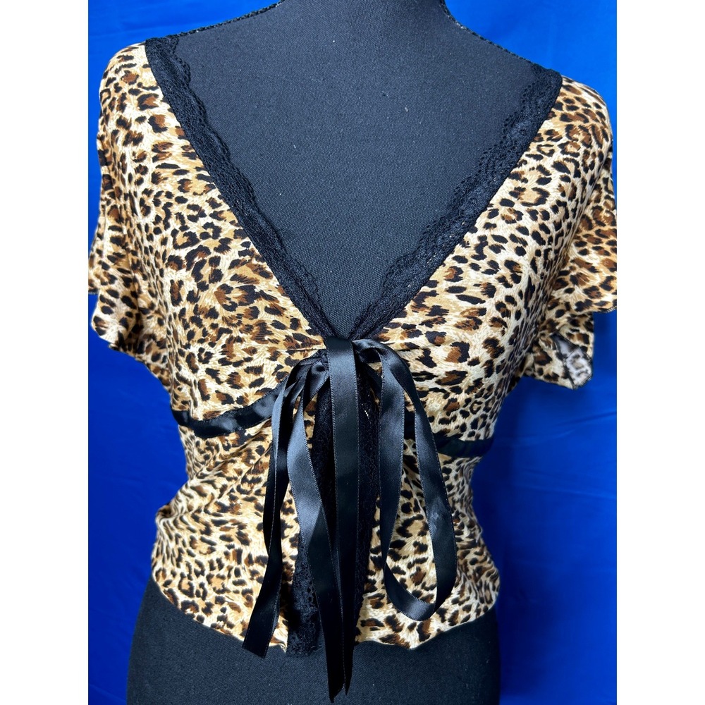 Womens Y2K Leopard Print Tie Front Babydoll Crop Top Sz M Indie Sleaze Coquette